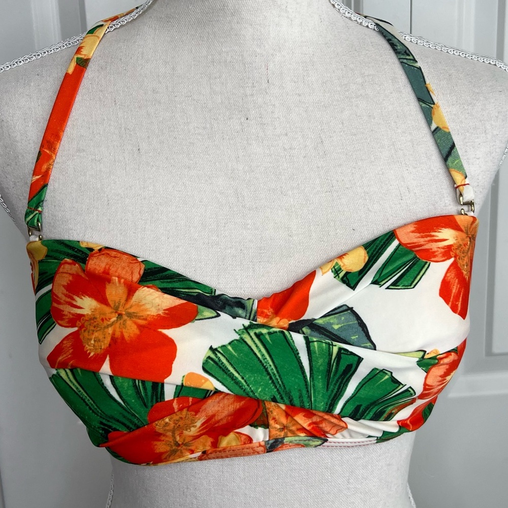 Athena Orange Green Floral Bandeau Bikini Swim Top 10 Tie Back Tropical Beach - Picture 2 of 8